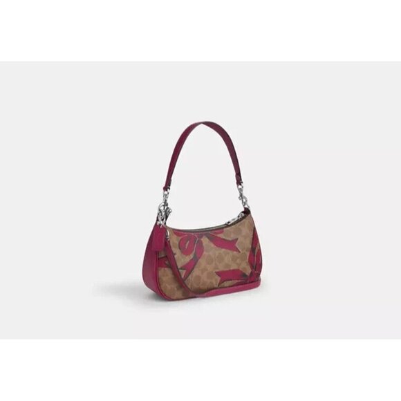 COACH CAA70 Teri Shoulder Bag Signature Canvas &Leather Bow Print Tan/Pink Multi - Picture 5 of 6